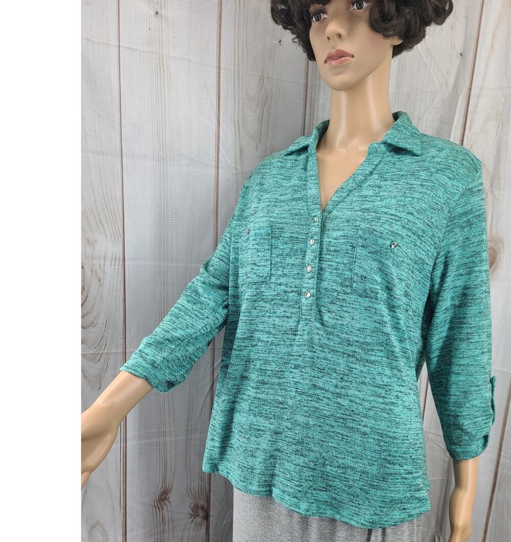 Laura Scott Women L Knit Pullover Top Green/Black 3/4 Sleeve Rhinestone Accents
